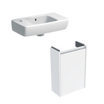Umywalka kompaktowa Selnova Compact B45 cm, H14.5 cm, T25 cm, krótka, z powierzchnią odkładczą po prawej stronie, z przelewem, z otworem na baterię po lewej stronie Szafka pod małą umywalkę Selnova Compact, z jednymi drzwiami, krótka: 41.2x60.5x20.1cm, Szerokość umywalki=45cm, biały / lakierowany jedwabny połysk